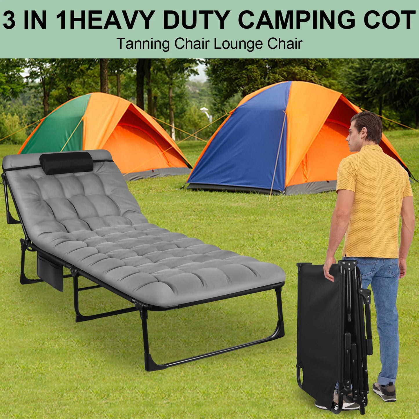 Portable Folding Camping Cot With 3-Position Reclining Lounger
