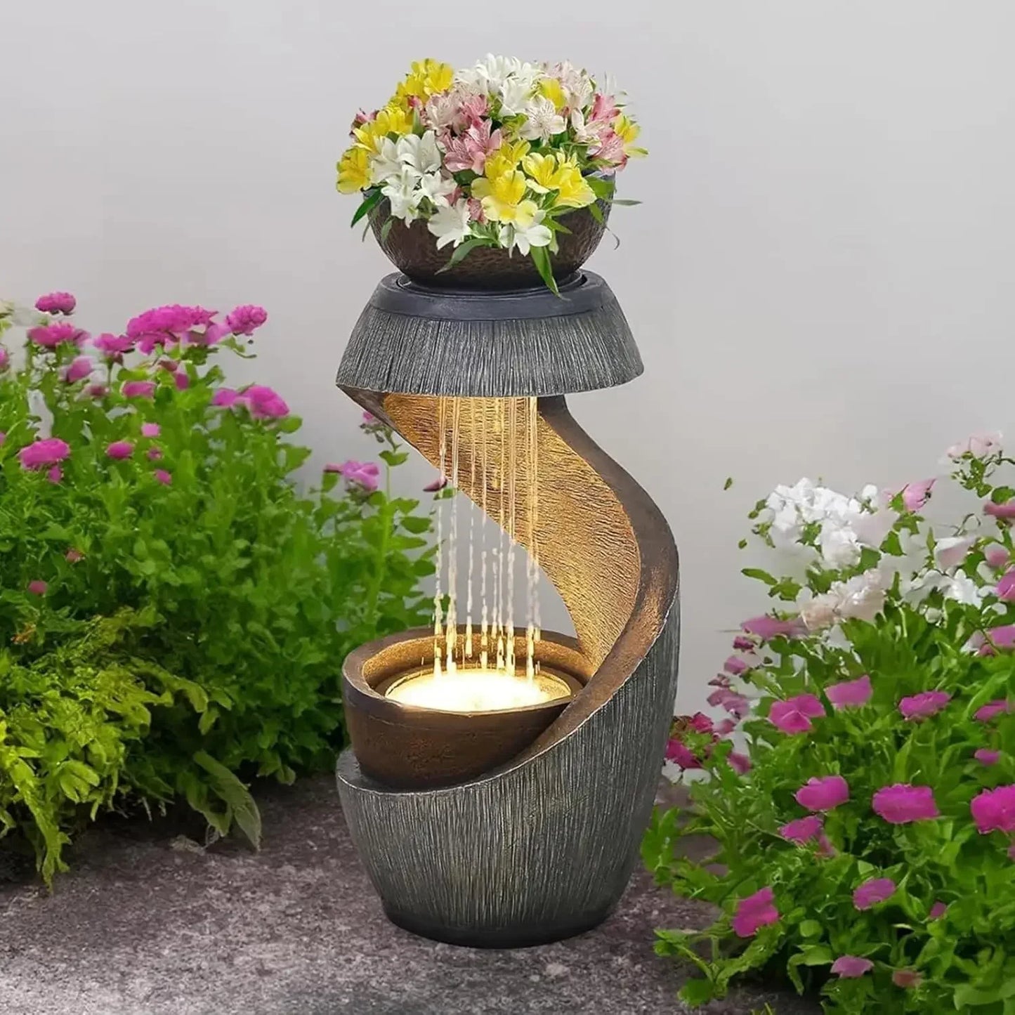 Outdoor S Shaped Water Fountain With Led Lights And Planter