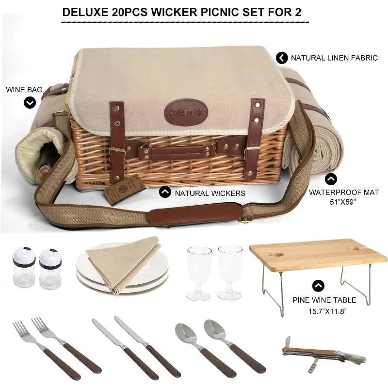 Multifunctional Wicker Picnic Basket Set for Two with Blanket