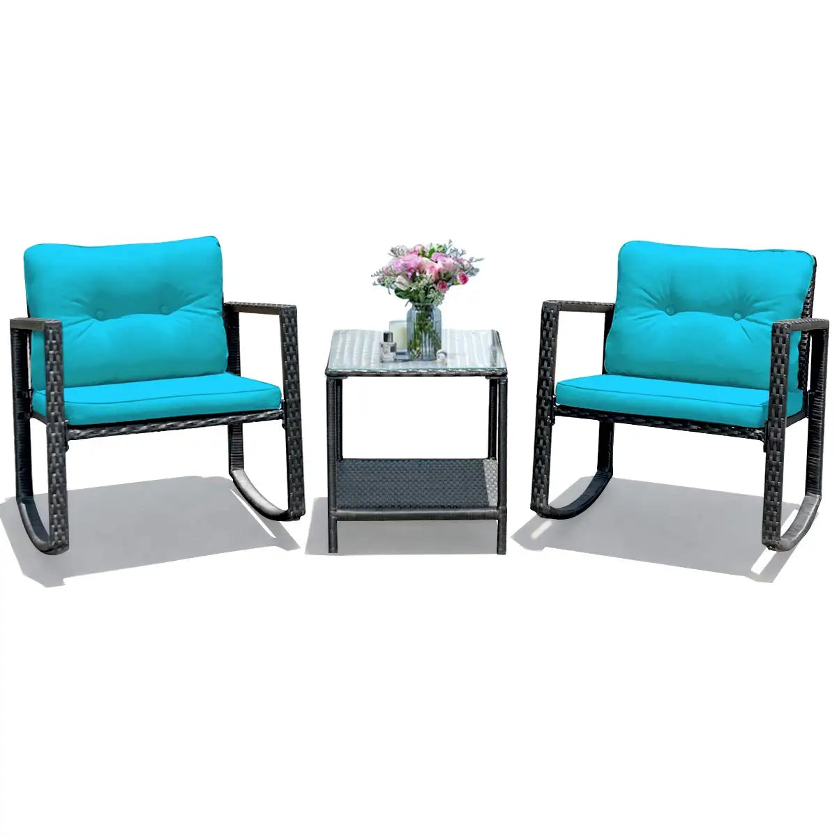 XIAOLANG 3 Piece Patio Wicker Rocking Set With Cushions And Glass Table