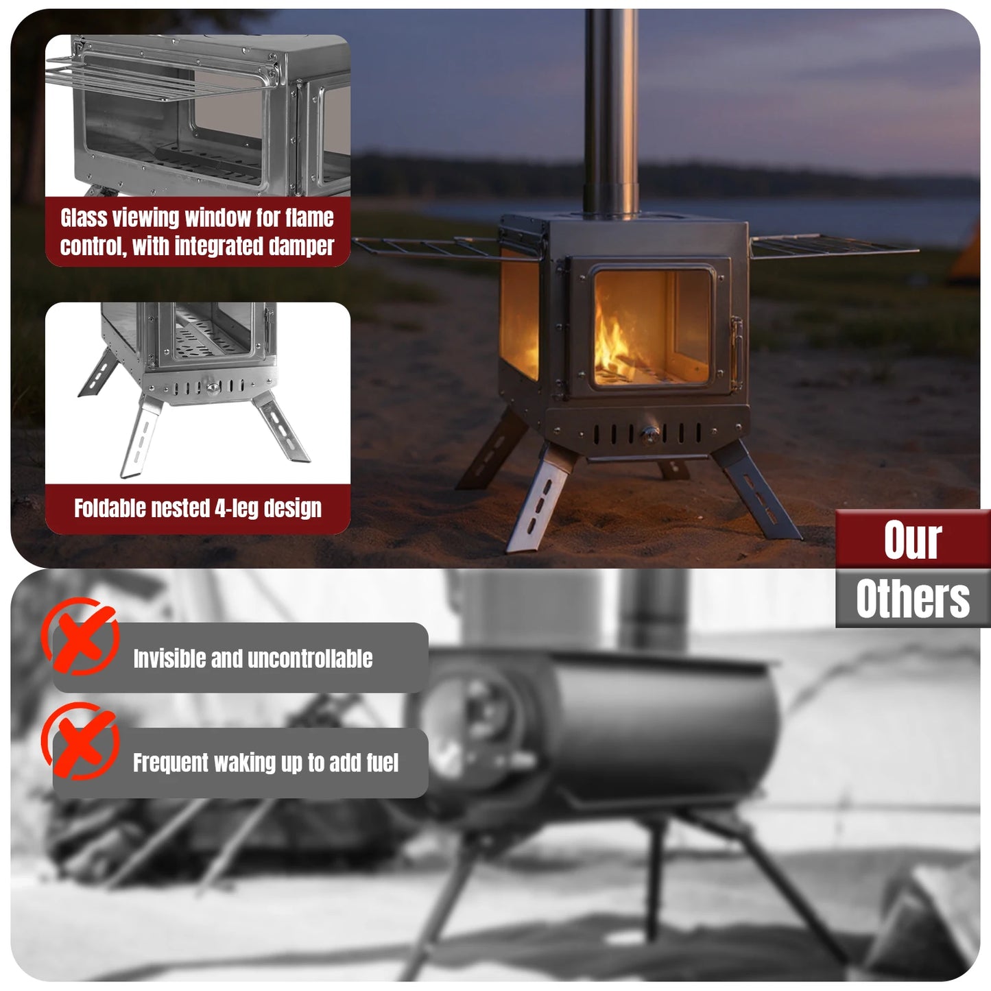 Stainless Steel Camping Stove With Chimney Pipe For Tents Shelters
