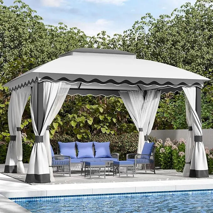 Outdoor Patio Gazebo With Mosquito Netting And Double Roof