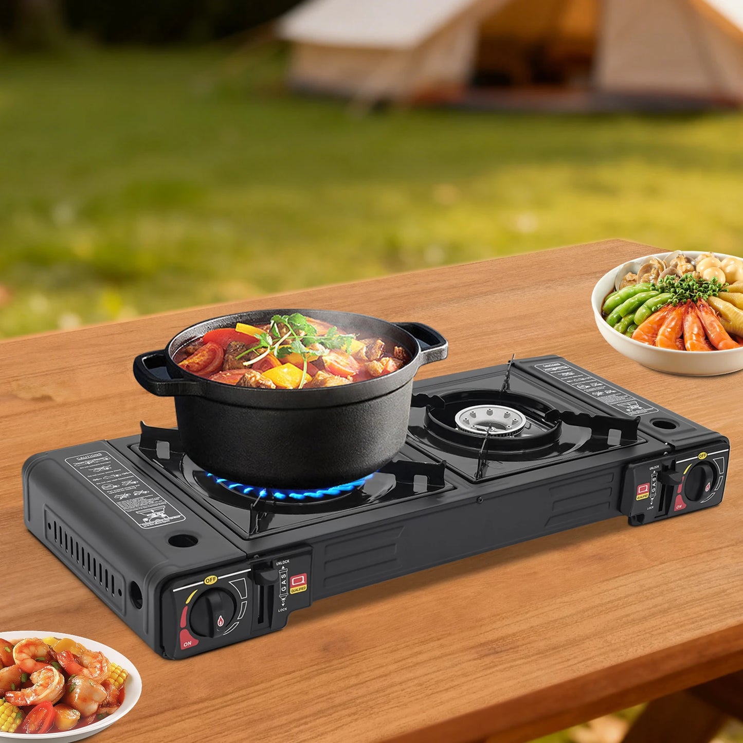 Two Burner Portable Gas Stove With Piezo Ignition And Carrying Case