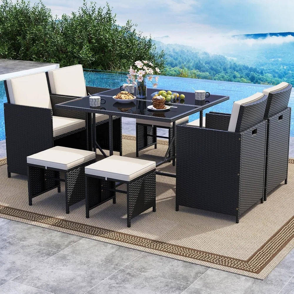 Outdoor Patio Dining Set With Rattan Chairs And Glass Table