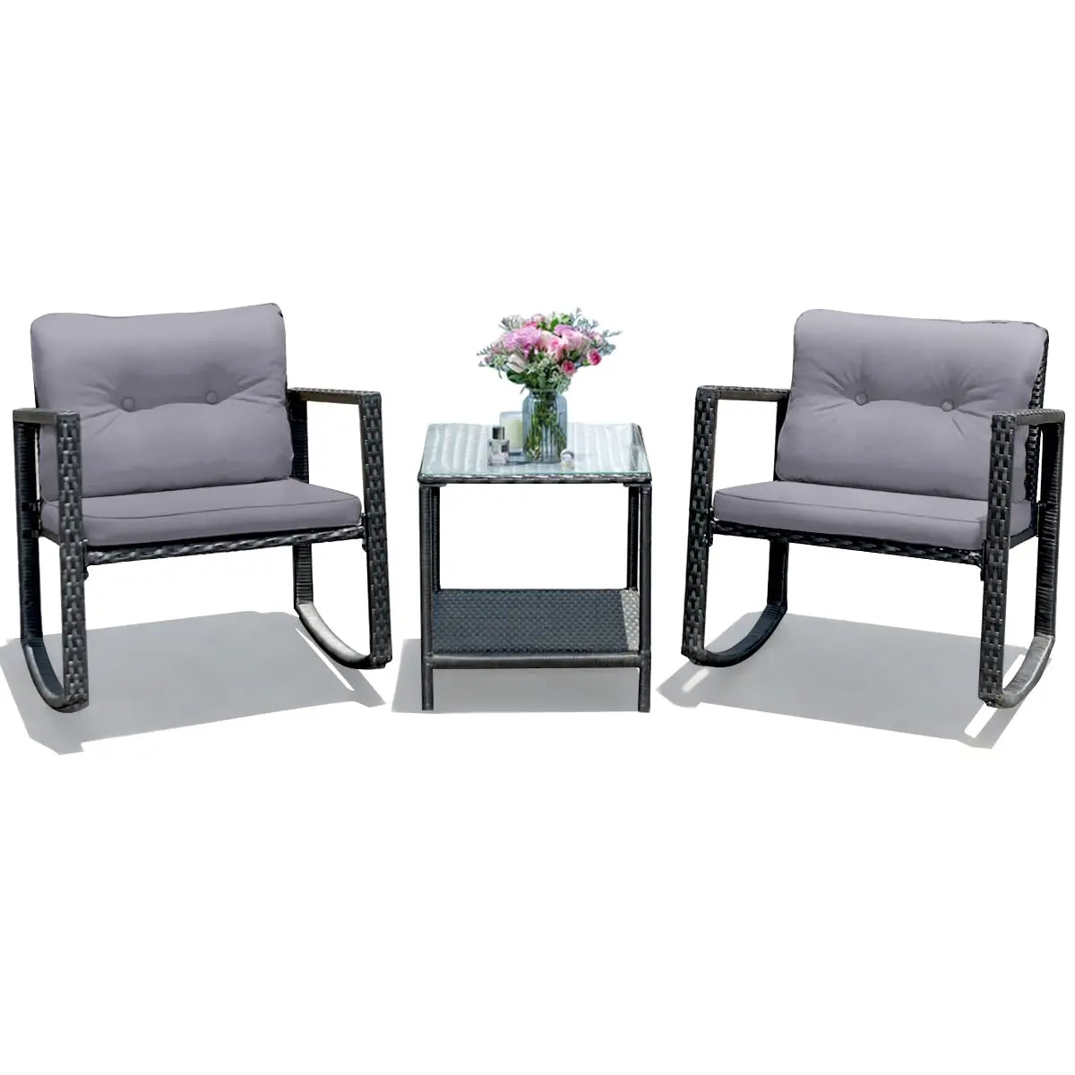 XIAOLANG 3 Piece Patio Wicker Rocking Set With Cushions And Glass Table
