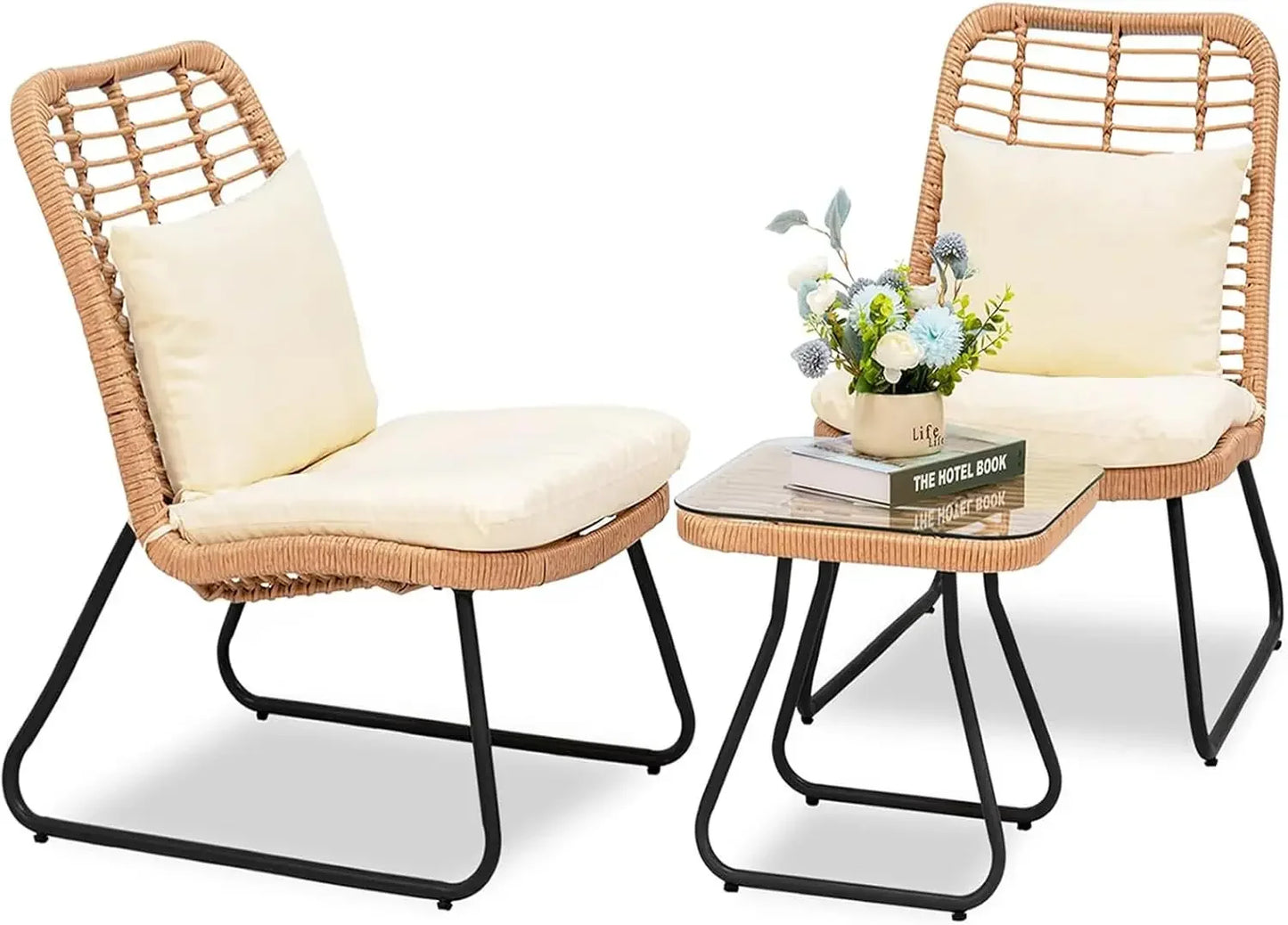 Outdoor Wicker Bistro Set With Glass Table For Patio