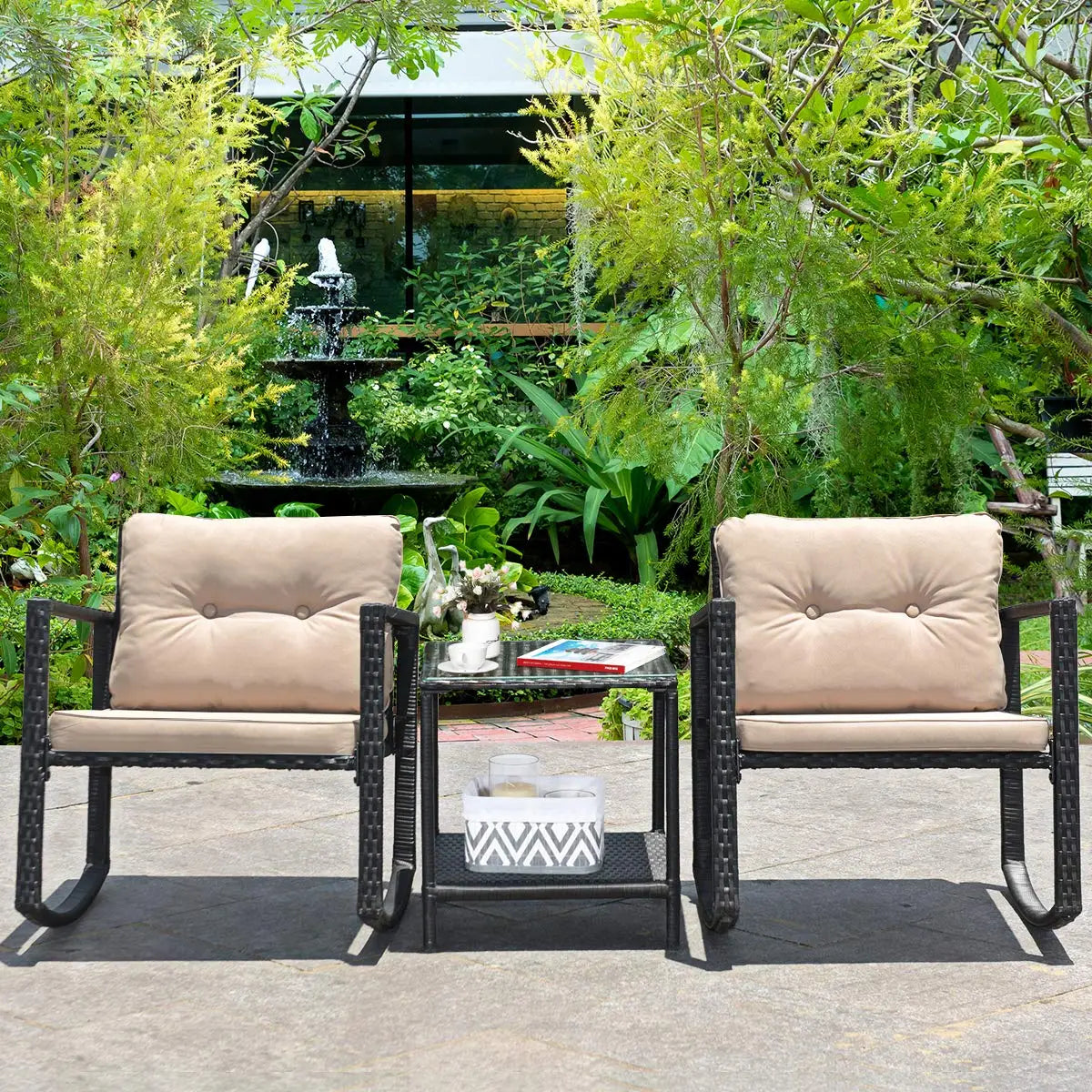 XIAOLANG 3 Piece Patio Wicker Rocking Set With Cushions And Glass Table