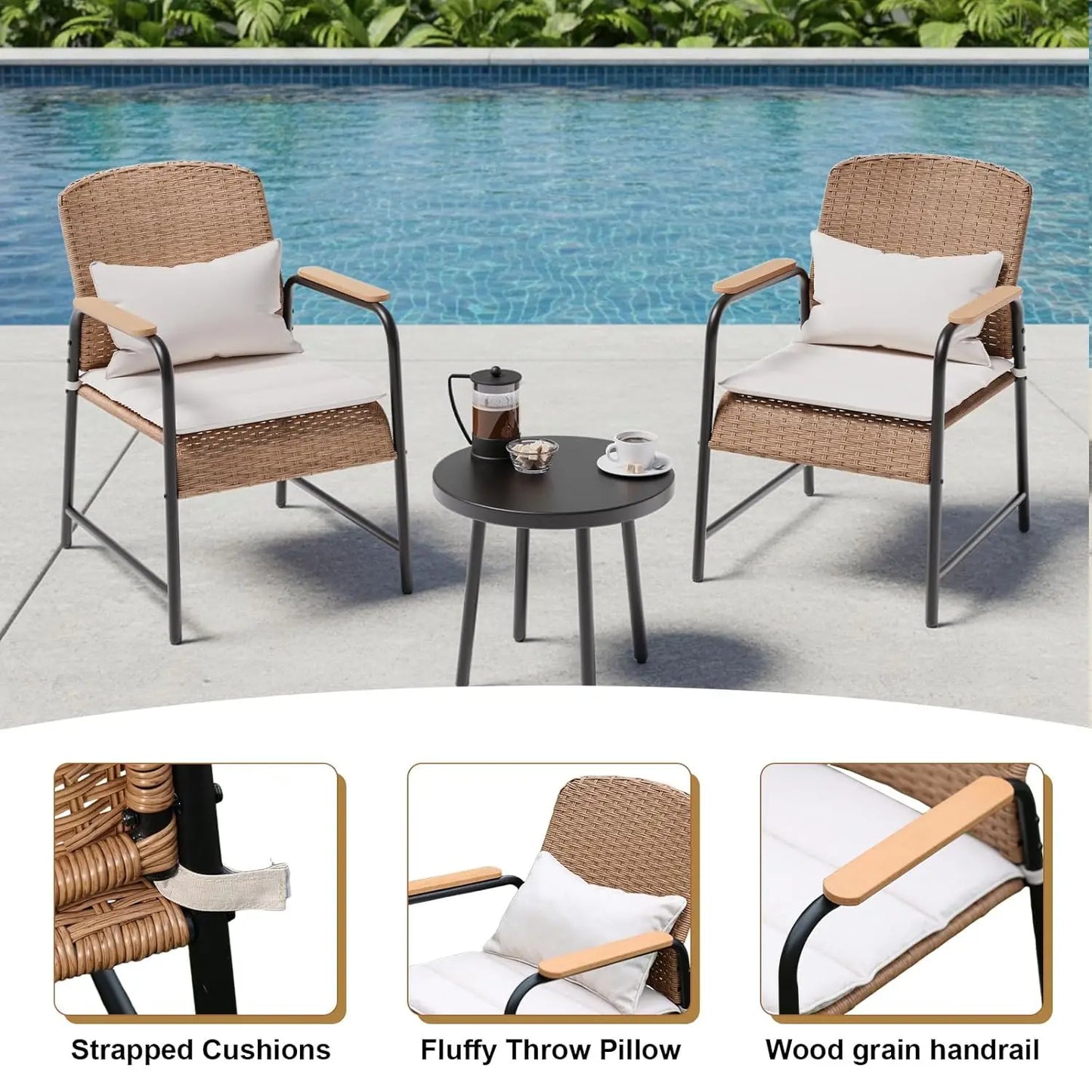 XIAOLANG Outdoor Patio Furniture Set 3 Piece Wicker Rattan Coffee Table Cushions