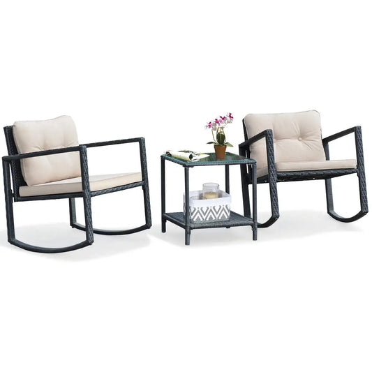 XIAOLANG 3 Piece Patio Wicker Rocking Set With Cushions And Glass Table