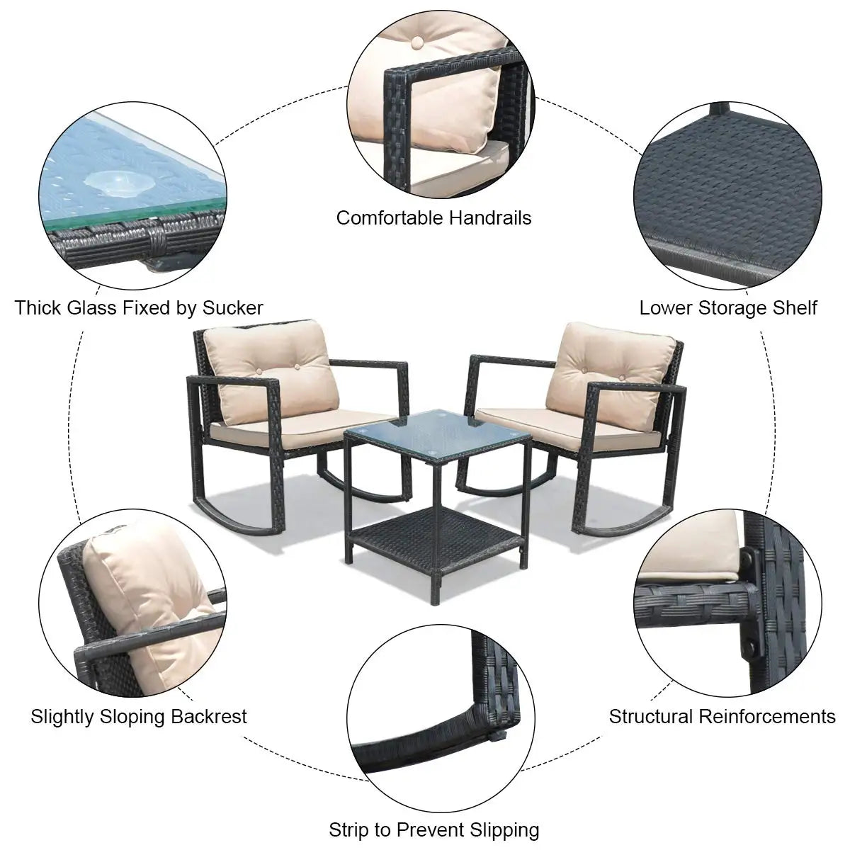 XIAOLANG 3 Piece Patio Wicker Rocking Set With Cushions And Glass Table