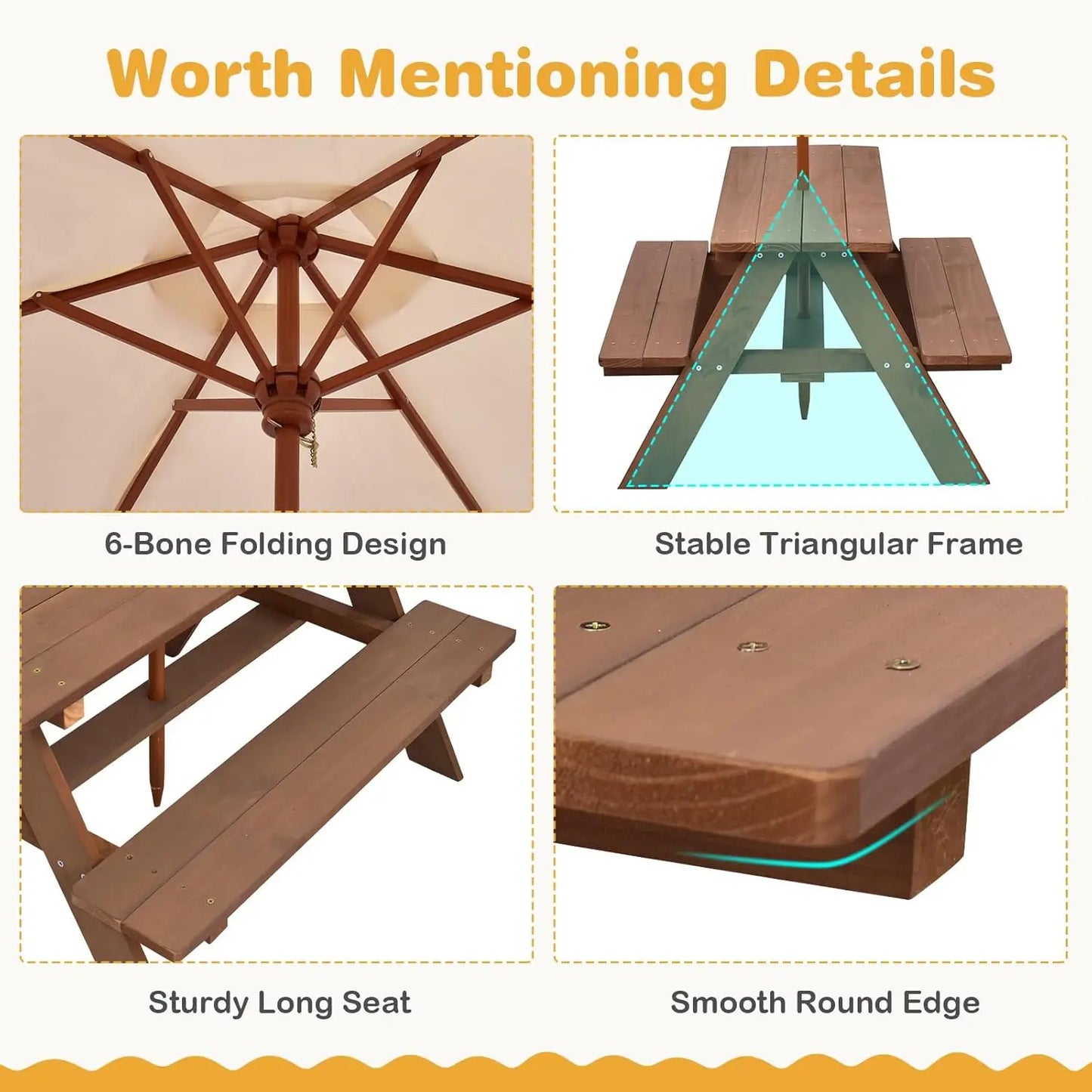 XIAOLANG Kids Outdoor Wooden Picnic Table With Umbrella Bench Set