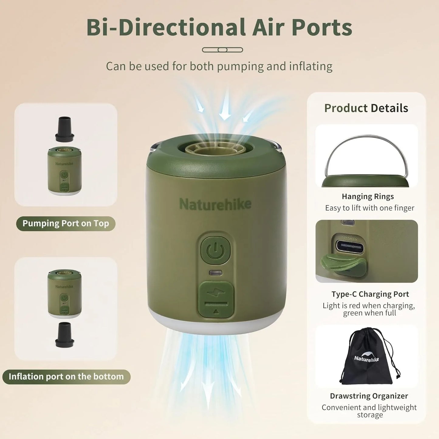 Naturehike Portable Air Pump For Inflatable Mats And Camping