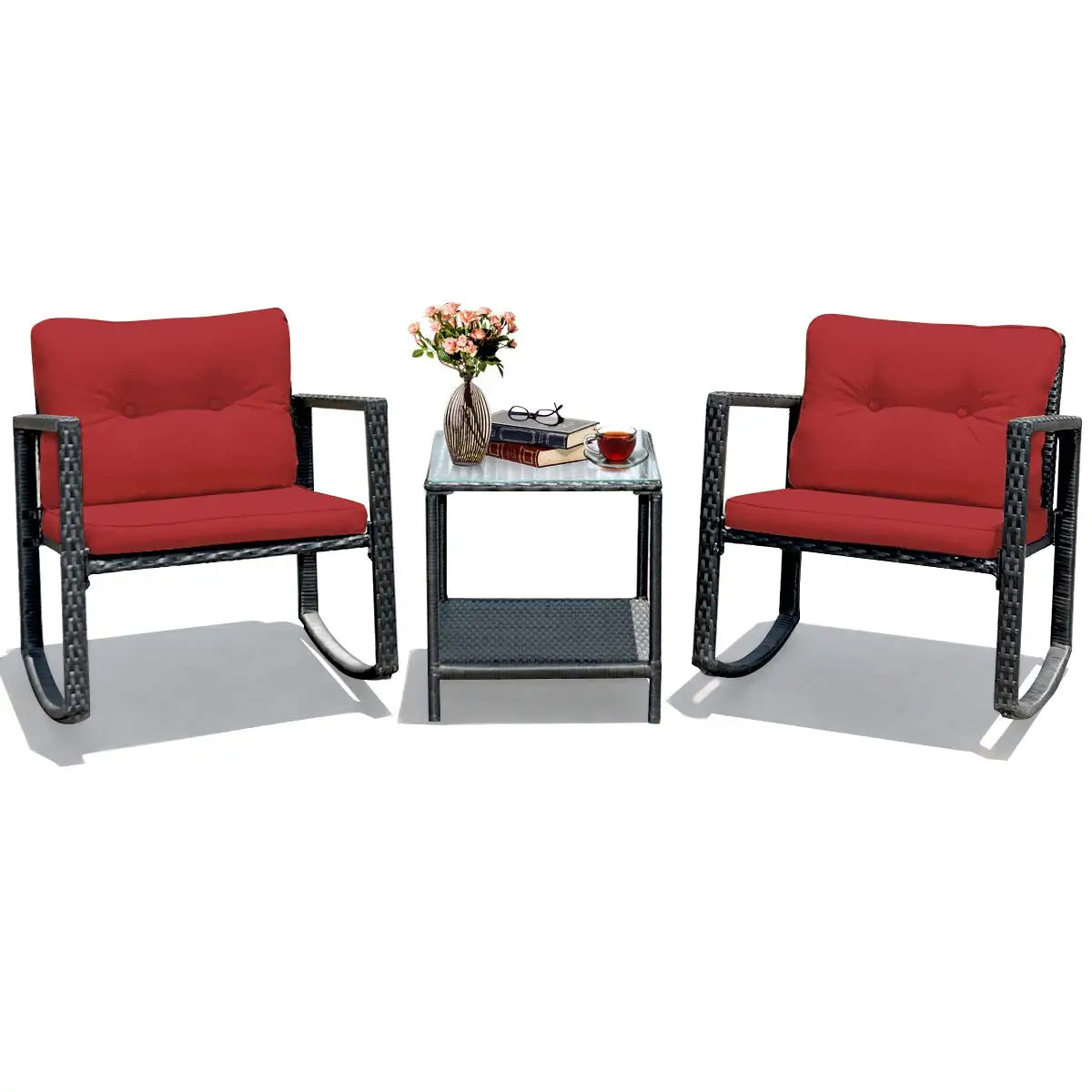 XIAOLANG 3 Piece Patio Wicker Rocking Set With Cushions And Glass Table