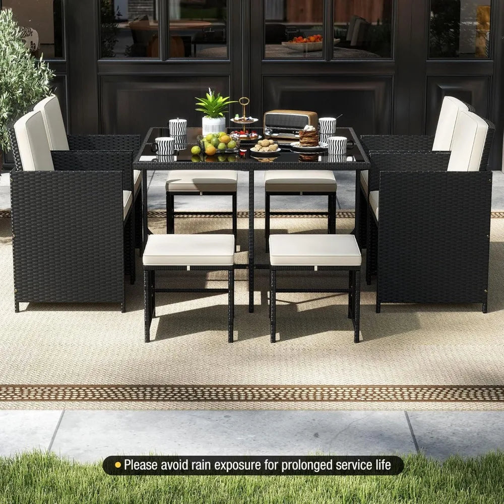 Outdoor Patio Dining Set With Rattan Chairs And Glass Table