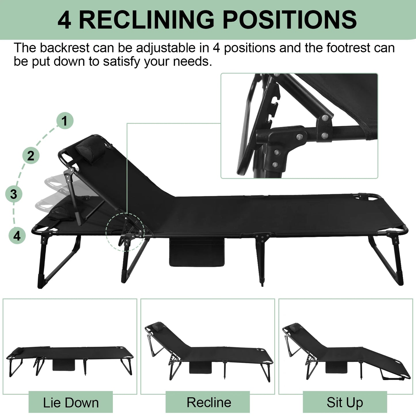 Portable Folding Camping Cot With 3-Position Reclining Lounger