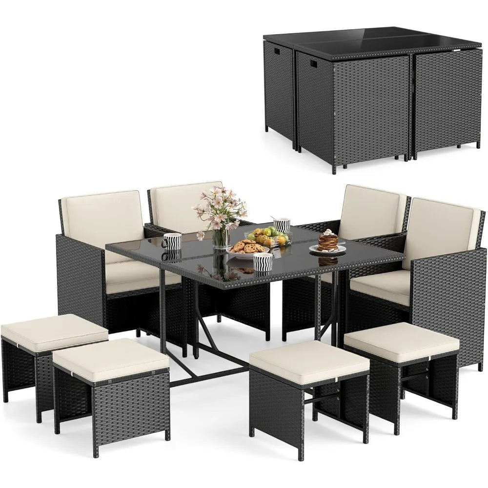 Outdoor Patio Dining Set With Rattan Chairs And Glass Table