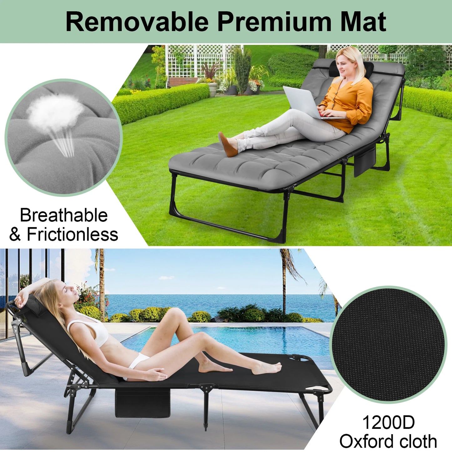 Portable Folding Camping Cot With 3-Position Reclining Lounger