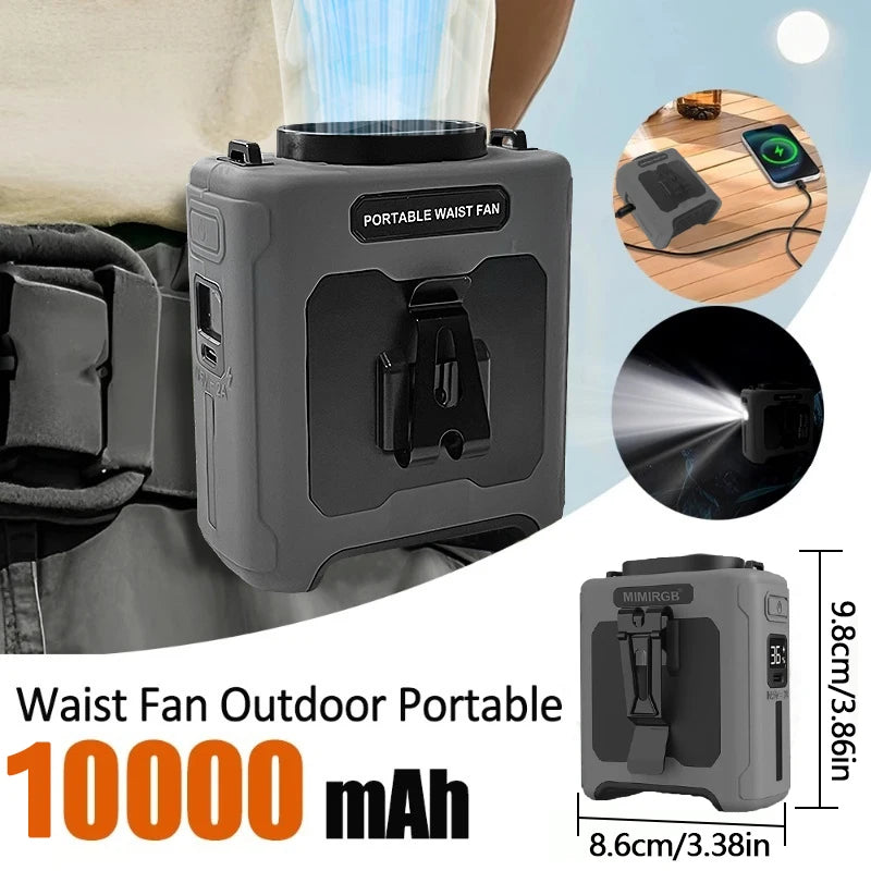 10000mAh Portable Waist Clip Fan With Flashlight Power Bank