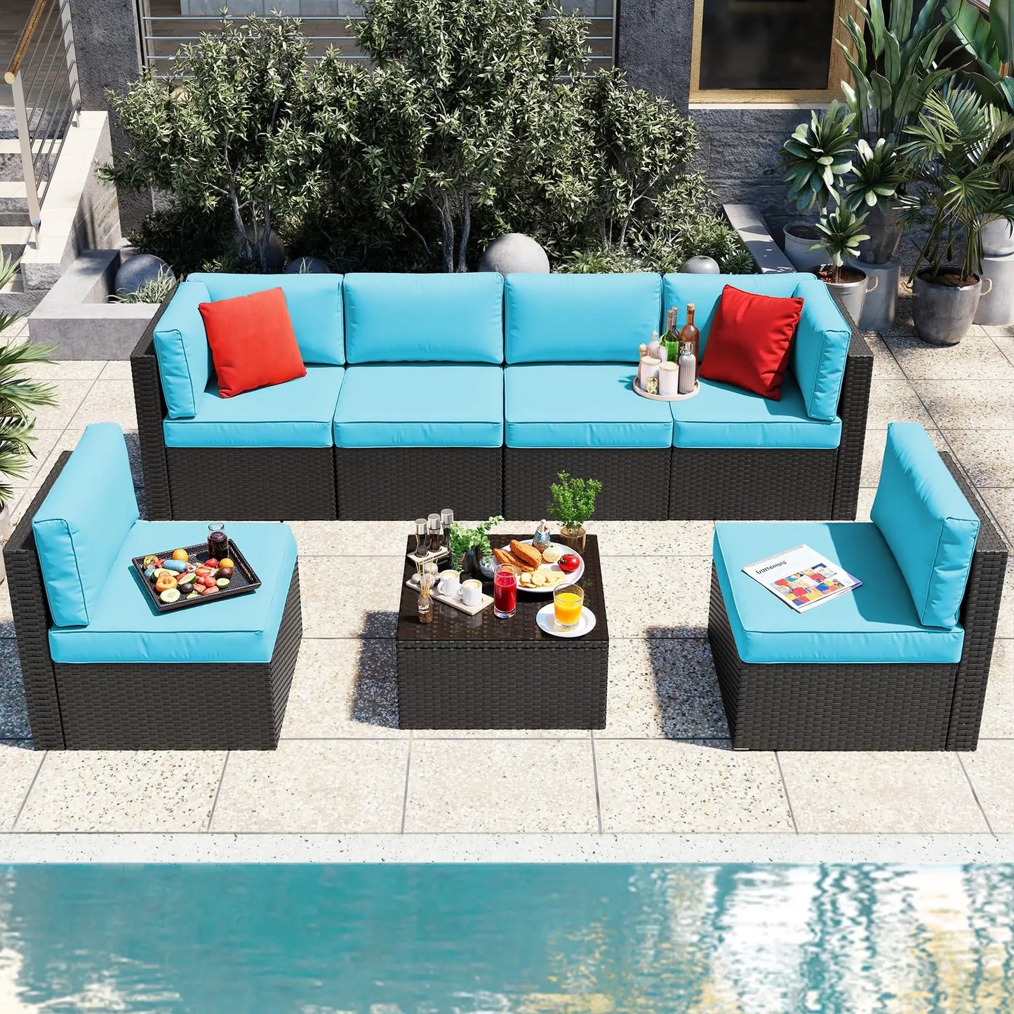 XMSJ Outdoor Patio Furniture Set All Weather Rattan Sectional Ottoman