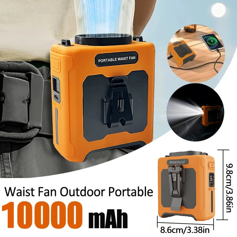 10000mAh Portable Waist Clip Fan With Flashlight Power Bank