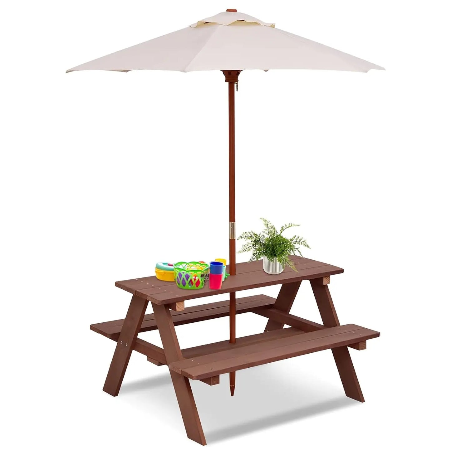 XIAOLANG Kids Outdoor Wooden Picnic Table With Umbrella Bench Set