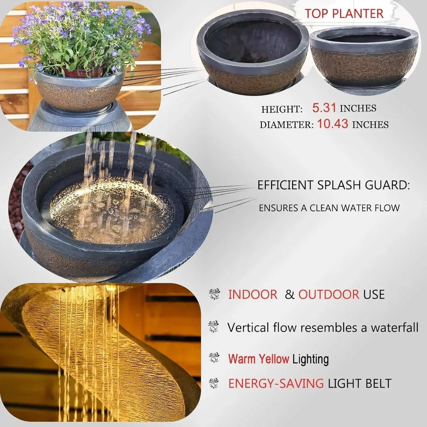 Outdoor S Shaped Water Fountain With Led Lights And Planter