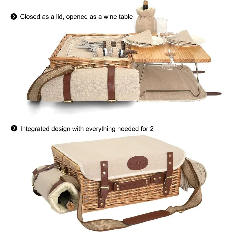 Multifunctional Wicker Picnic Basket Set for Two with Blanket