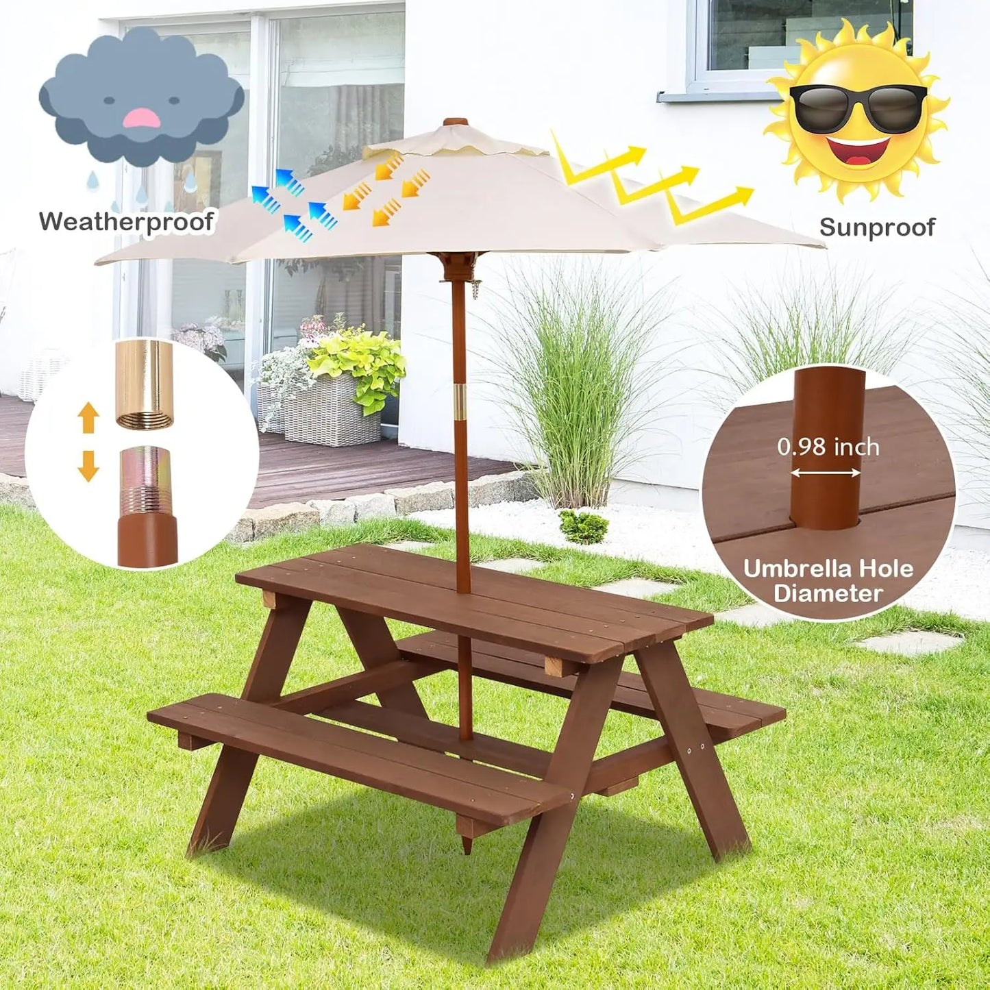 XIAOLANG Kids Outdoor Wooden Picnic Table With Umbrella Bench Set