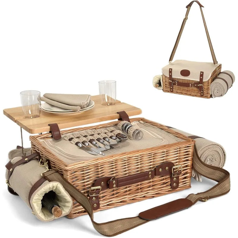 Multifunctional Wicker Picnic Basket Set for Two with Blanket
