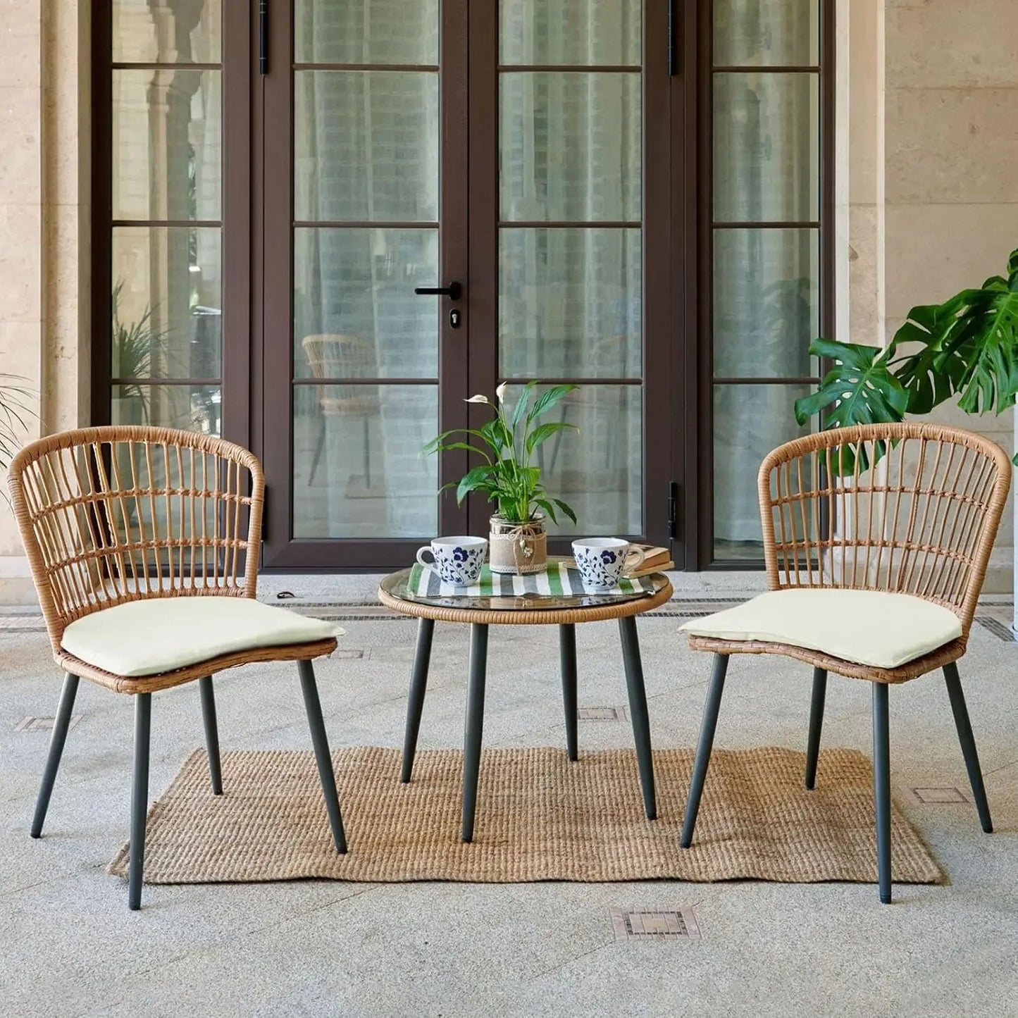 Outdoor Wicker Bistro Set With Glass Table For Patio