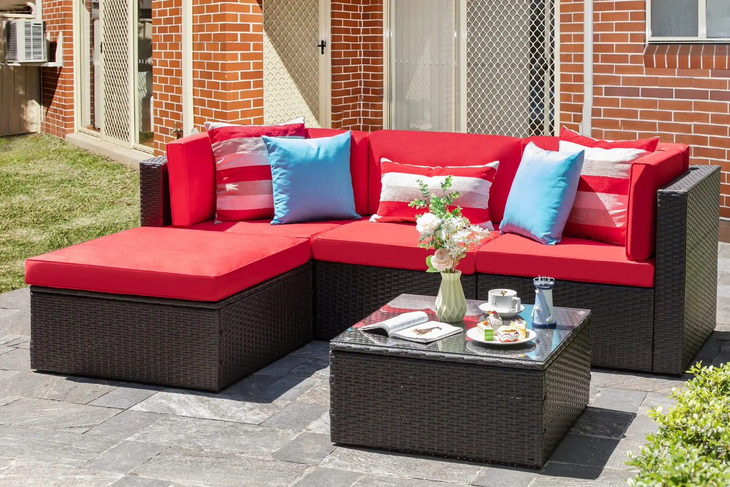 XMSJ Outdoor Patio Furniture Set All Weather Rattan Sectional Ottoman