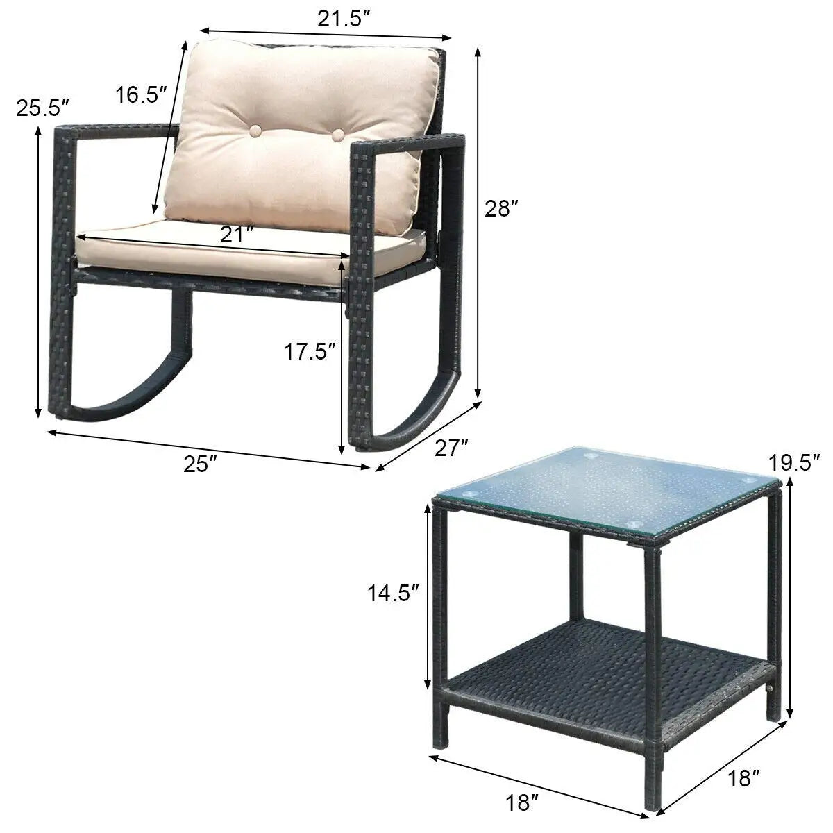 XIAOLANG 3 Piece Patio Wicker Rocking Set With Cushions And Glass Table