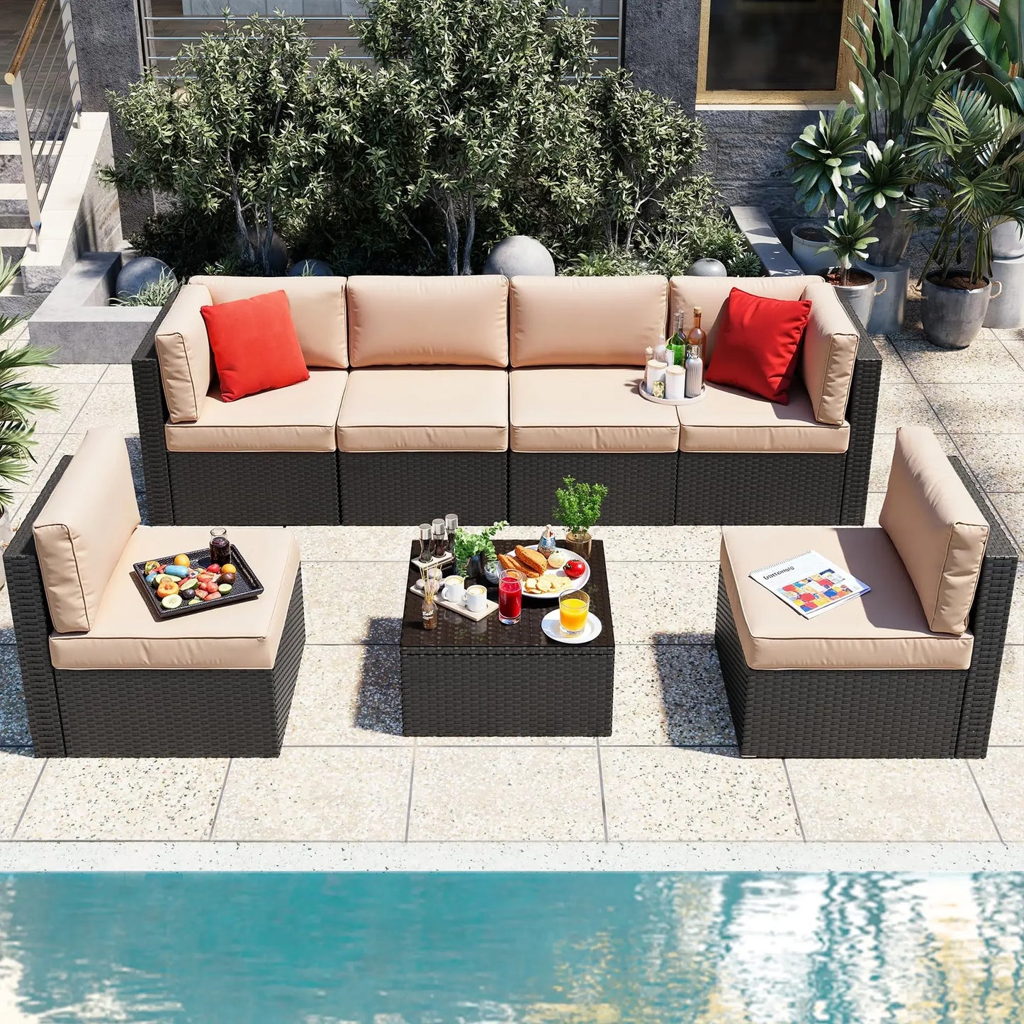 XMSJ Outdoor Patio Furniture Set All Weather Rattan Sectional Ottoman