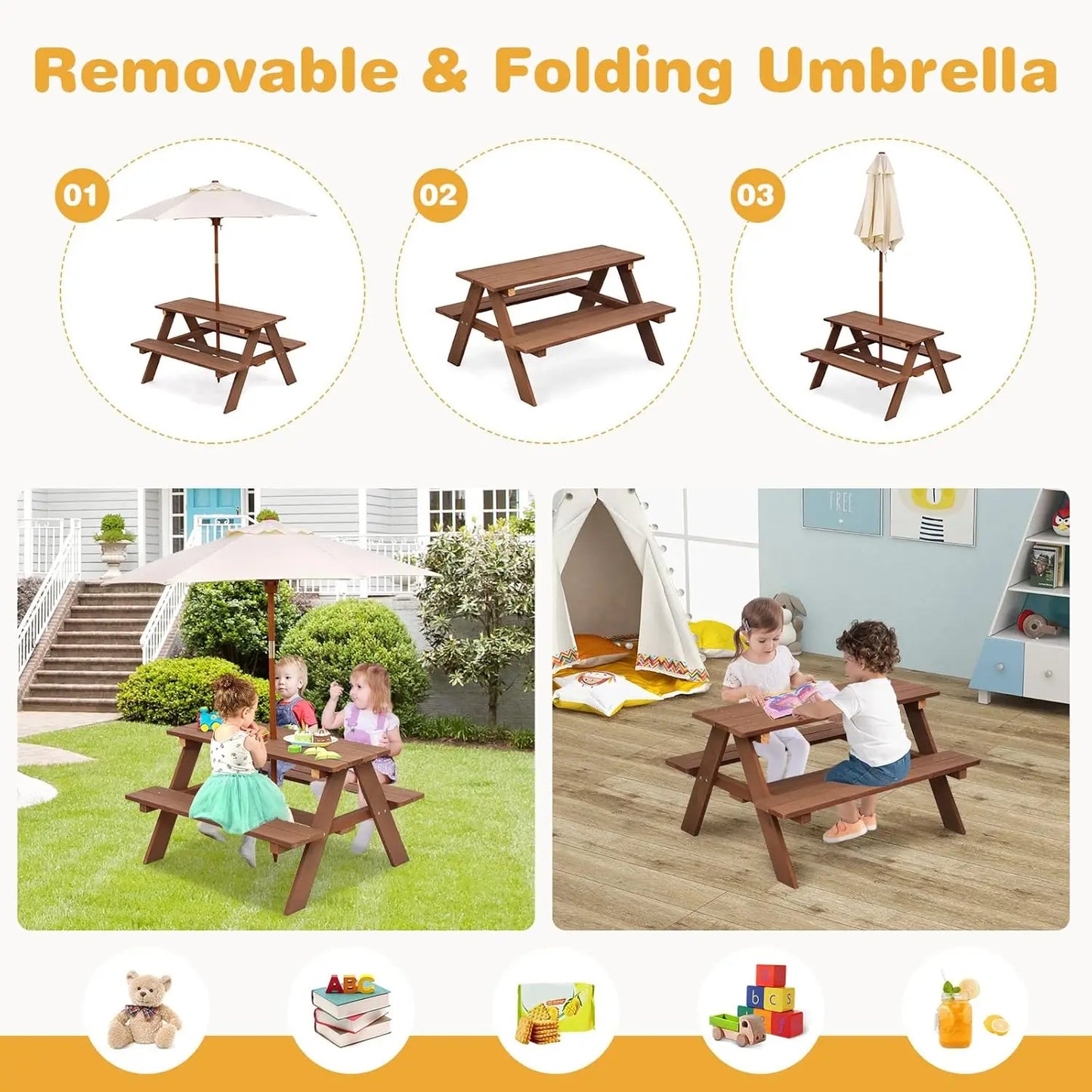 XIAOLANG Kids Outdoor Wooden Picnic Table With Umbrella Bench Set