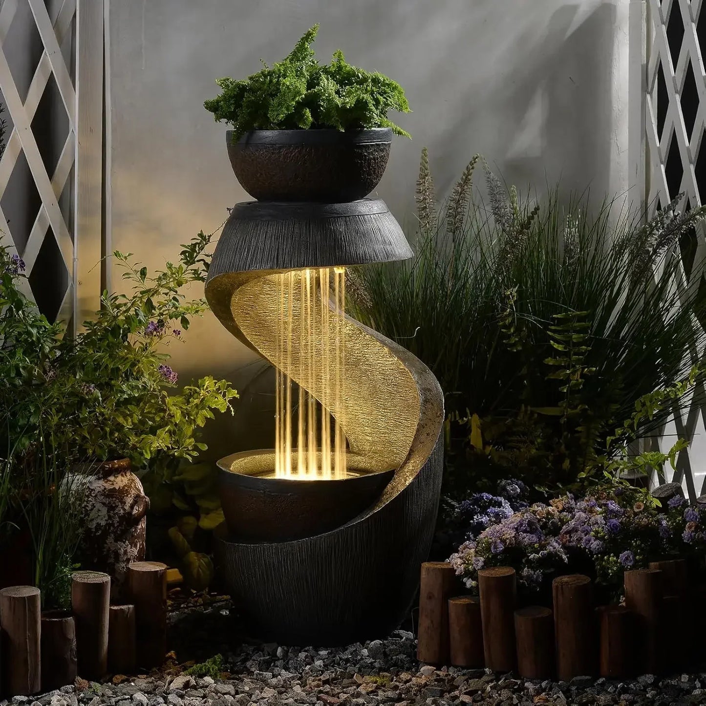 Outdoor S Shaped Water Fountain With Led Lights And Planter