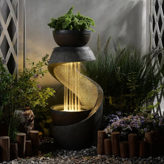 Outdoor S Shaped Water Fountain With Led Lights And Planter