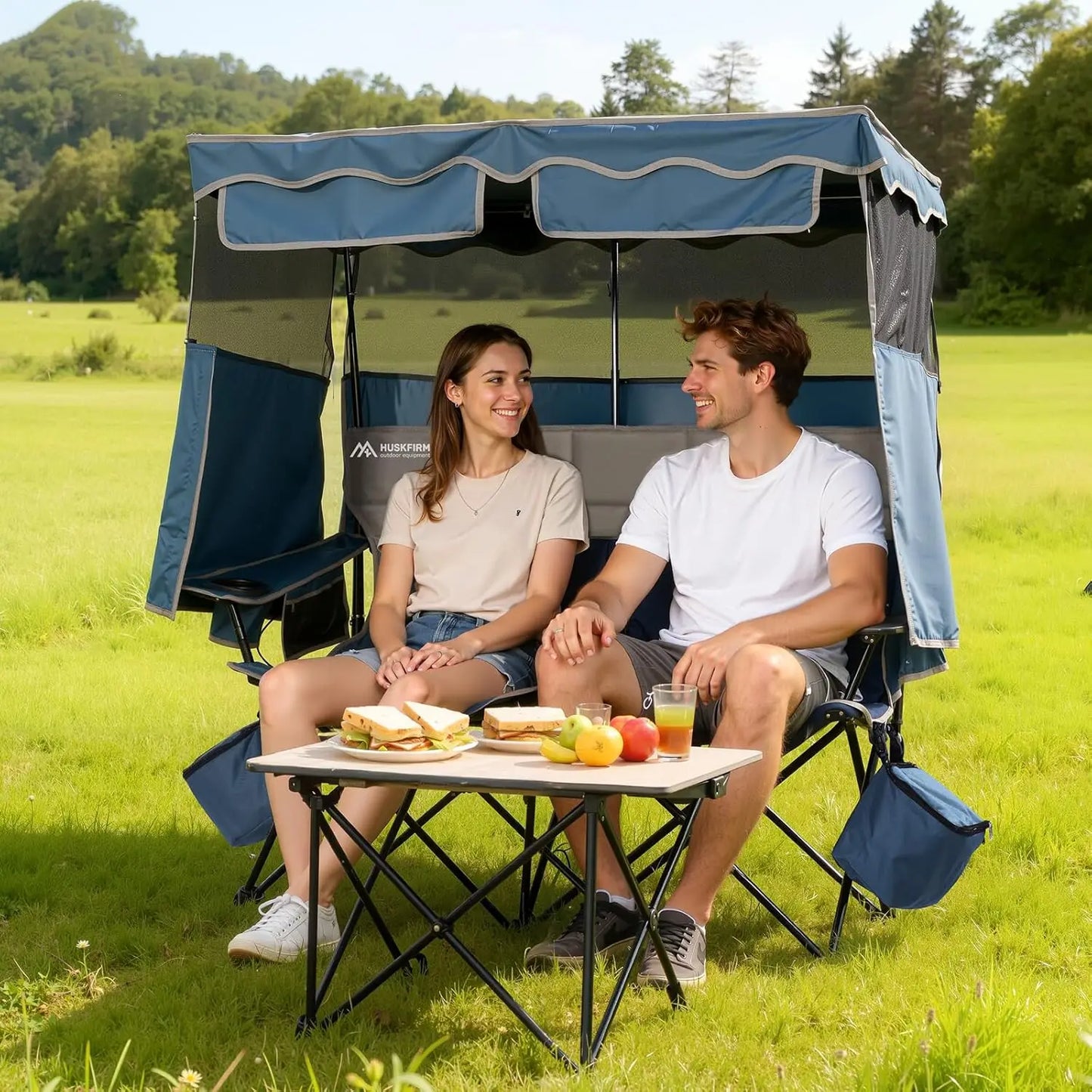 Double Camping Chair With Removable Canopy Cup Holders Cooler Bag