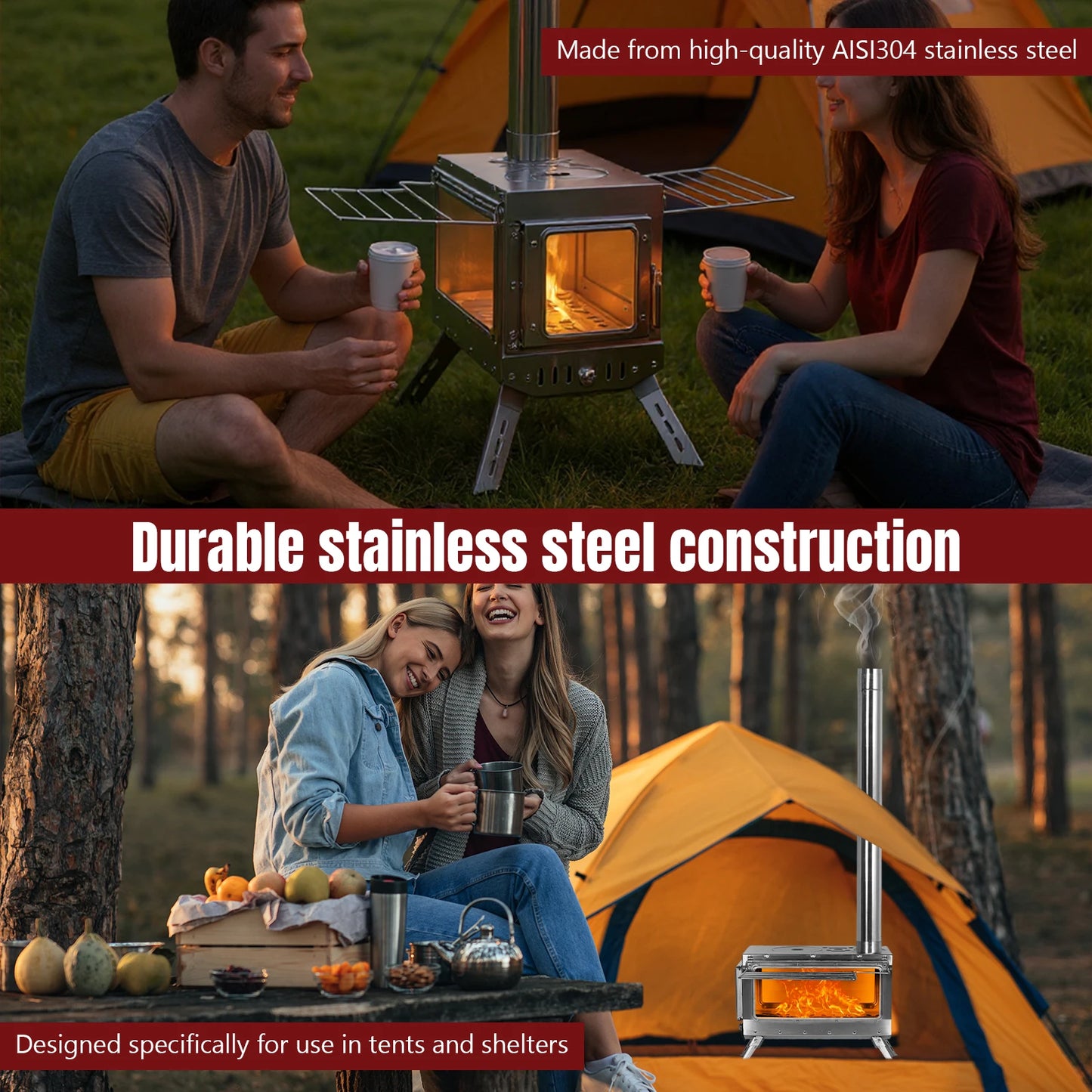 Stainless Steel Camping Stove With Chimney Pipe For Tents Shelters