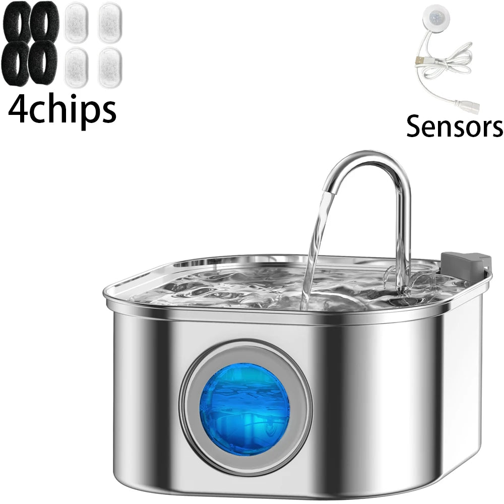 Stainless Steel Pet Water Fountain With LED Indicator Visual Level