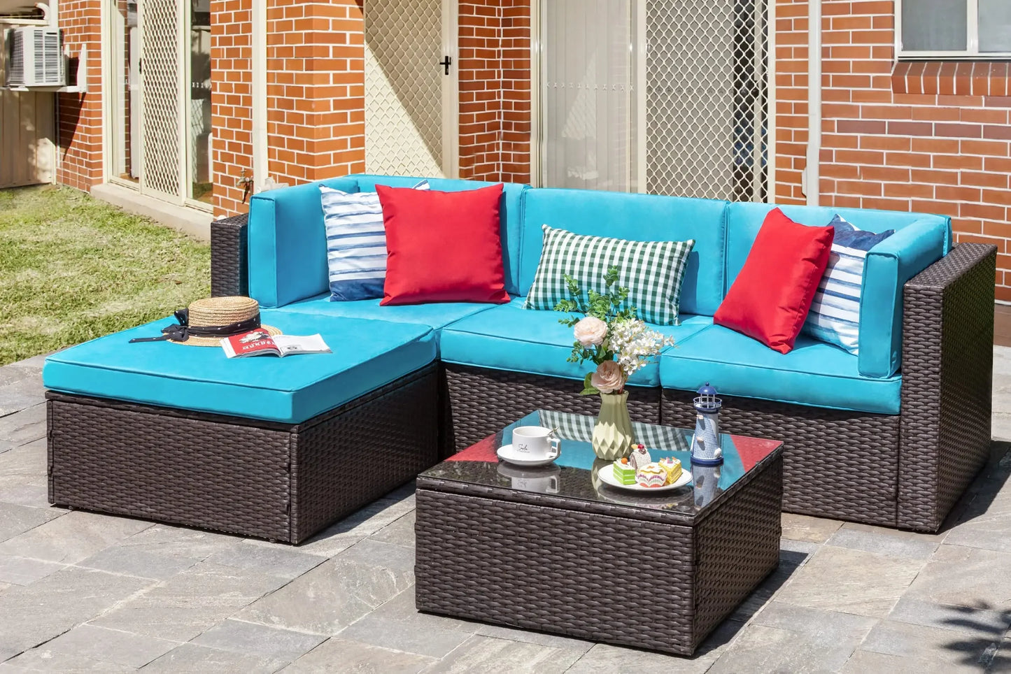 XMSJ Outdoor Patio Furniture Set All Weather Rattan Sectional Ottoman