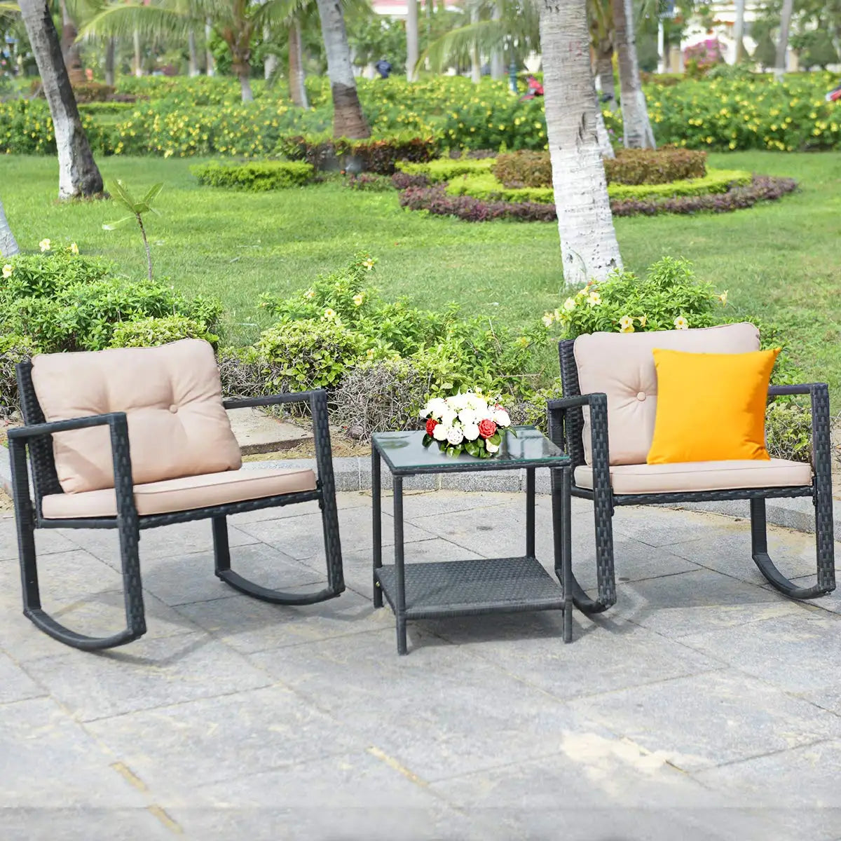 XIAOLANG 3 Piece Patio Wicker Rocking Set With Cushions And Glass Table