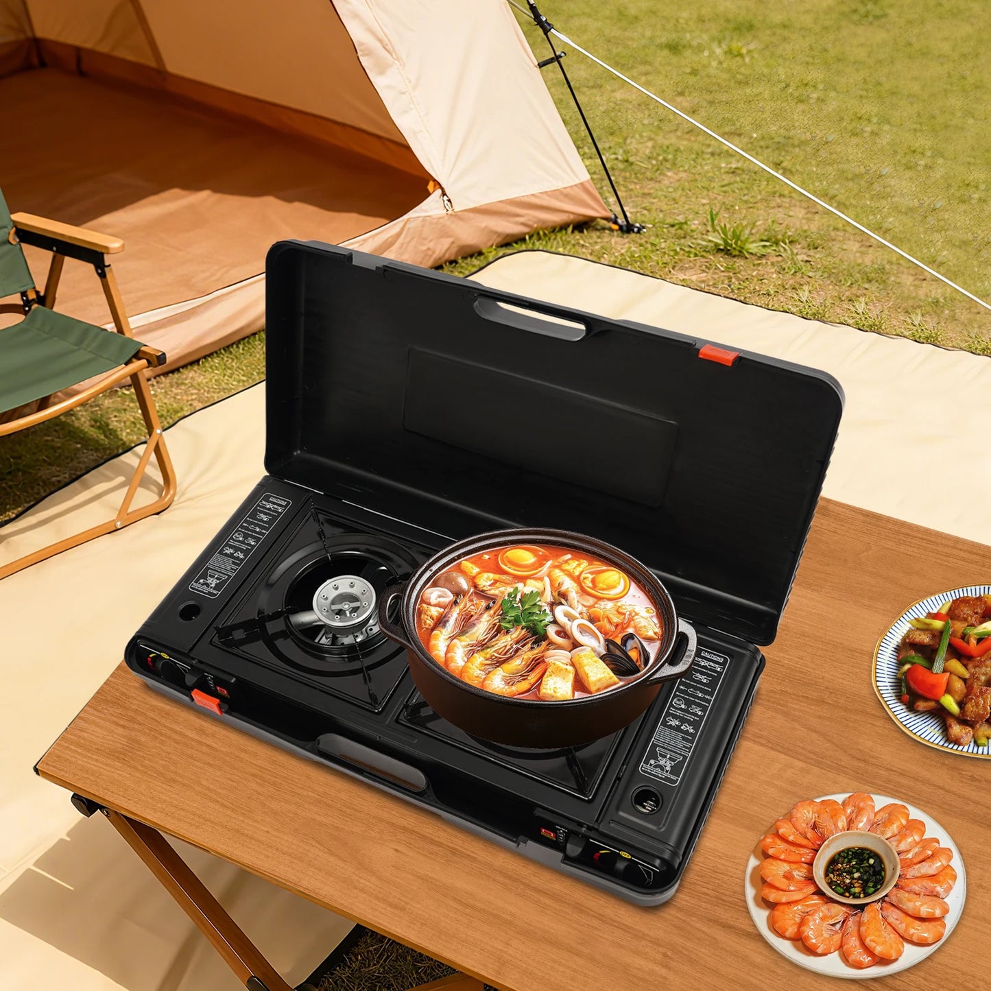 Two Burner Portable Gas Stove With Piezo Ignition And Carrying Case