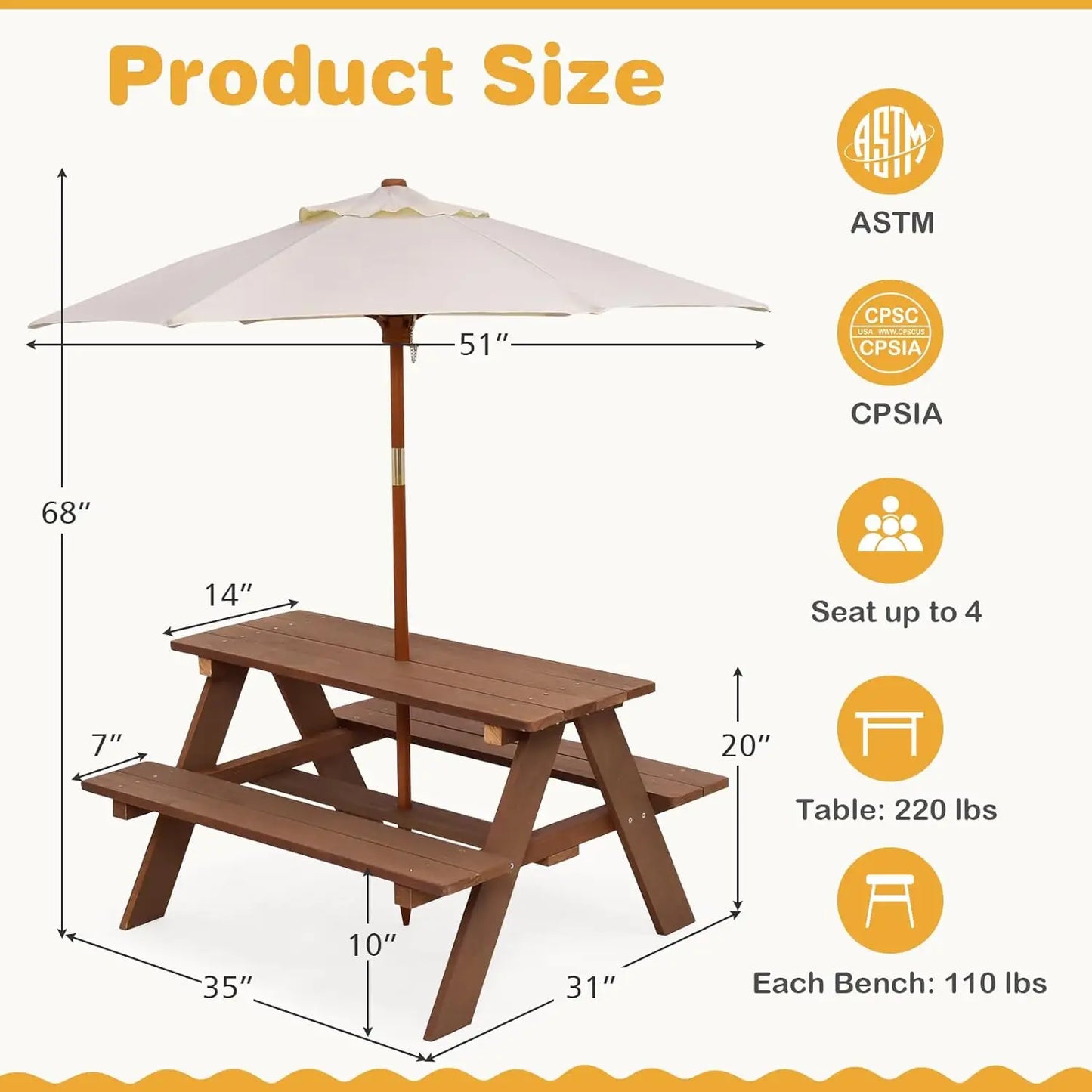 XIAOLANG Kids Outdoor Wooden Picnic Table With Umbrella Bench Set