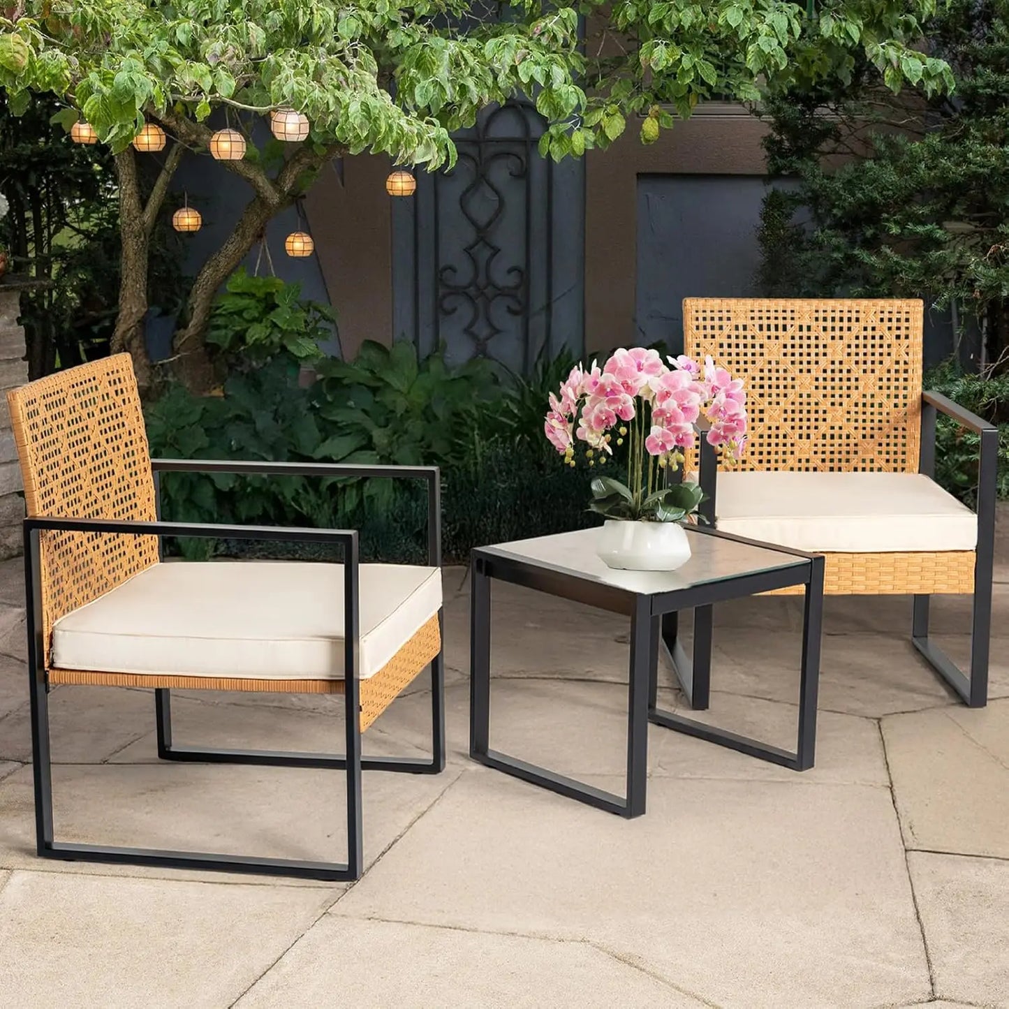Outdoor Wicker Bistro Set With Glass Table For Patio