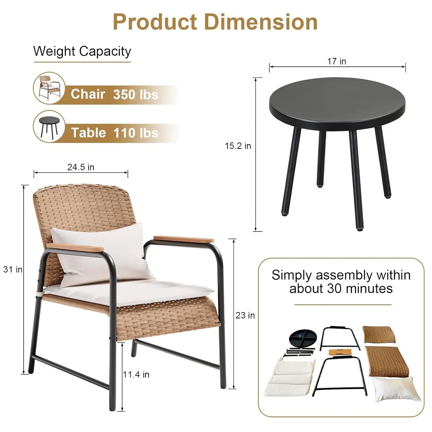 XIAOLANG Outdoor Patio Furniture Set 3 Piece Wicker Rattan Coffee Table Cushions