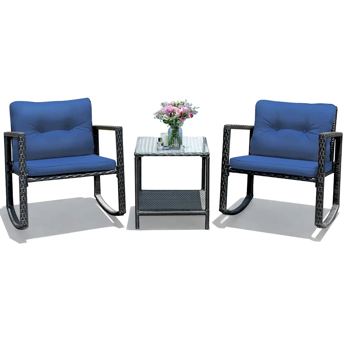 XIAOLANG 3 Piece Patio Wicker Rocking Set With Cushions And Glass Table