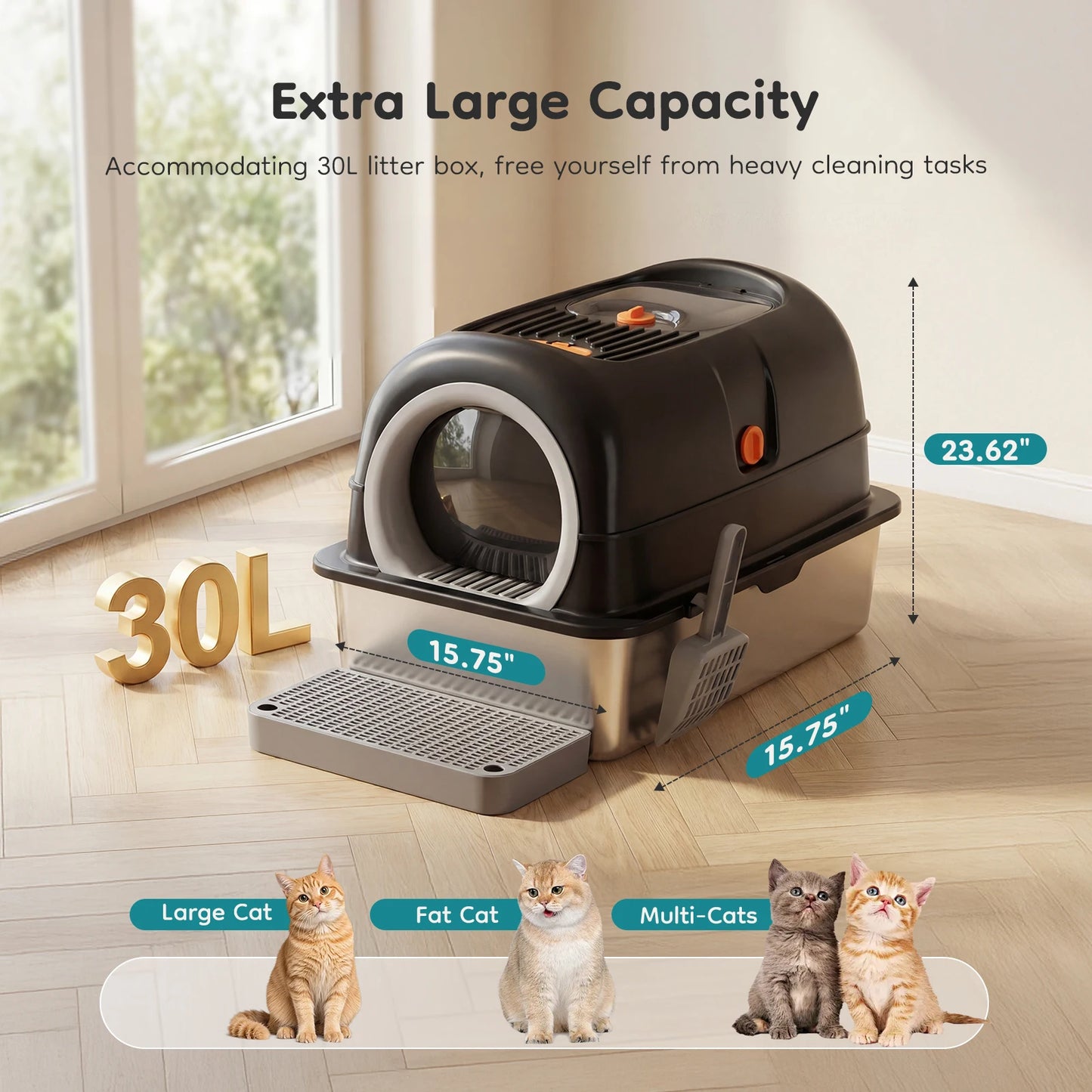 Stainless Steel Enclosed Cat Litter Box For Large Cats