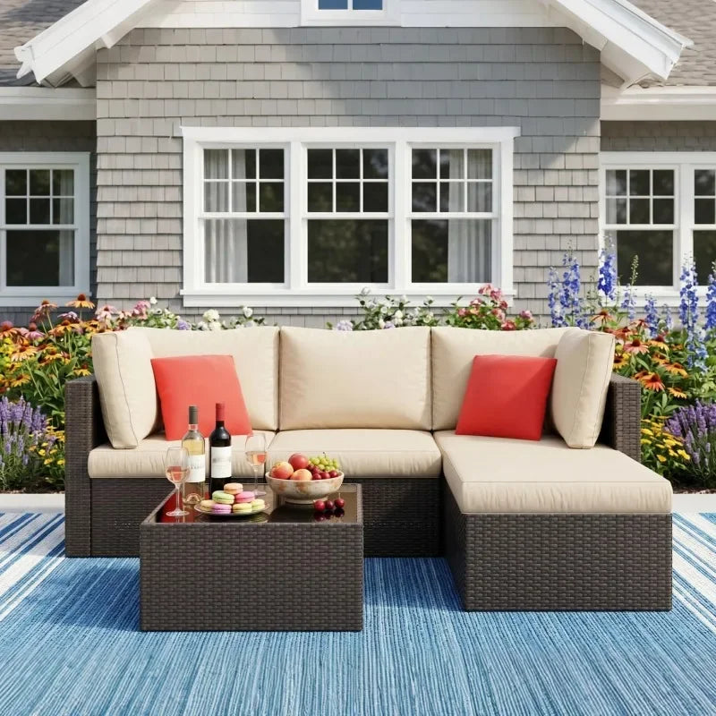 XMSJ Outdoor Patio Furniture Set All Weather Rattan Sectional Ottoman