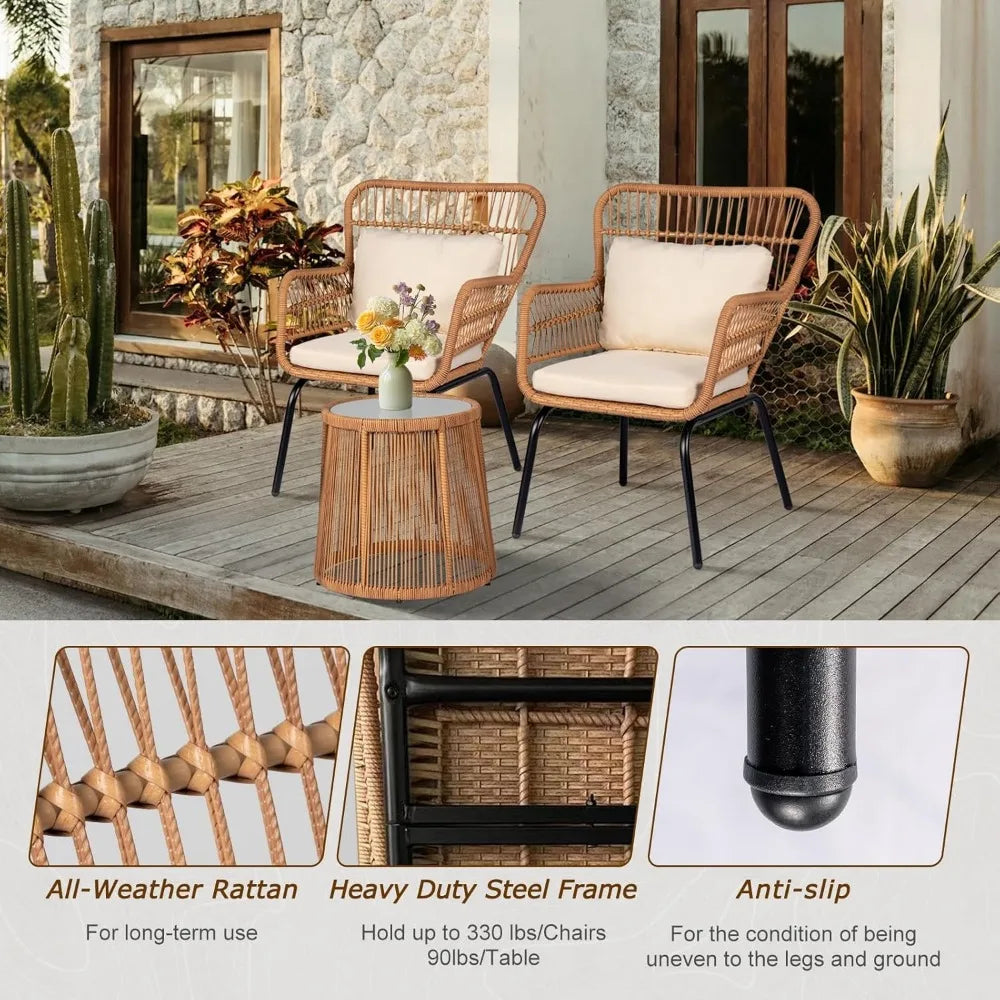 Outdoor Wicker Bistro Set With Glass Table For Patio