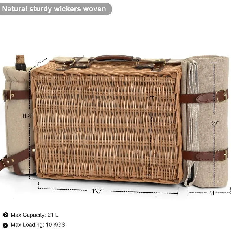 Multifunctional Wicker Picnic Basket Set for Two with Blanket